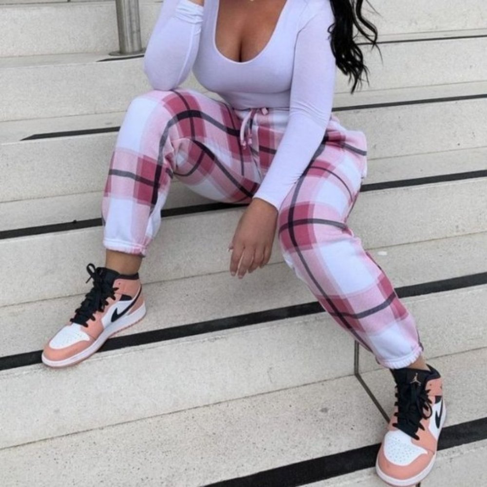 Pink Plaid Check High Waist Loose Fit Joggers Jogger Pants - Picture 9 of 12